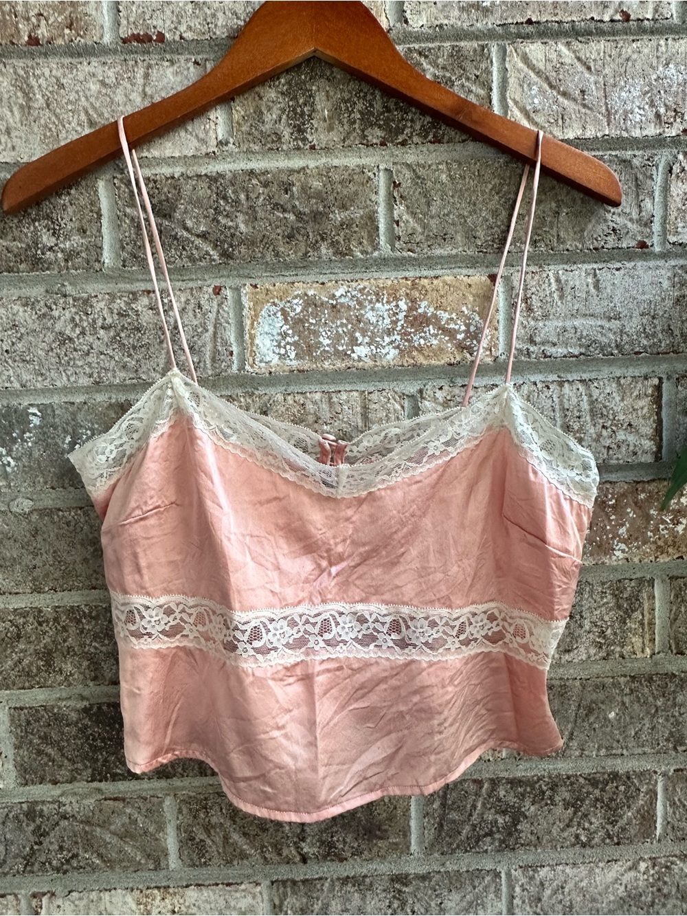 Reformation feminine Cropped Pink Satin Camisole Slip tank Cream Lace Medium